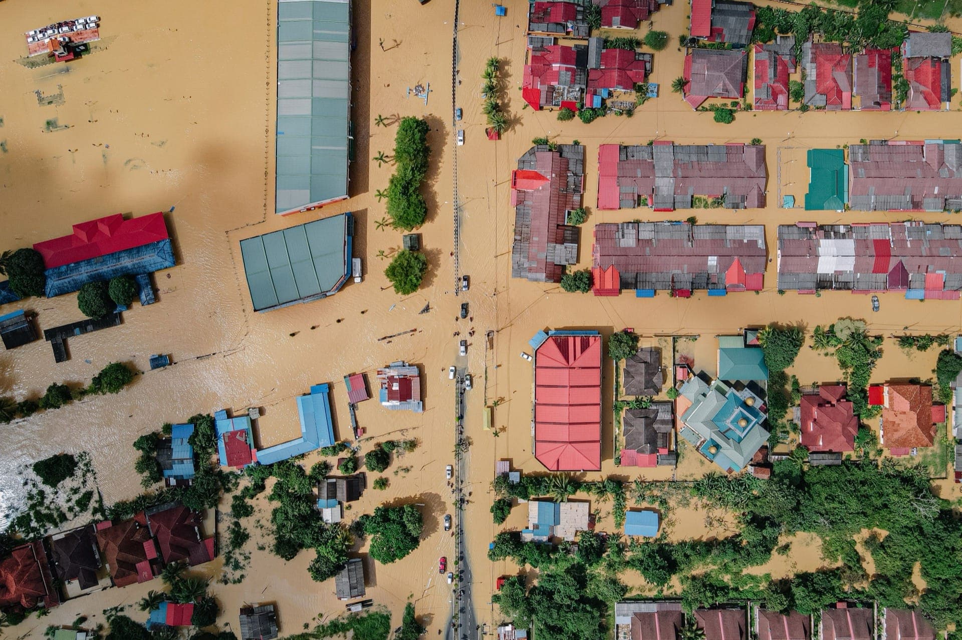 Aerial view of a community affected by severe flooding